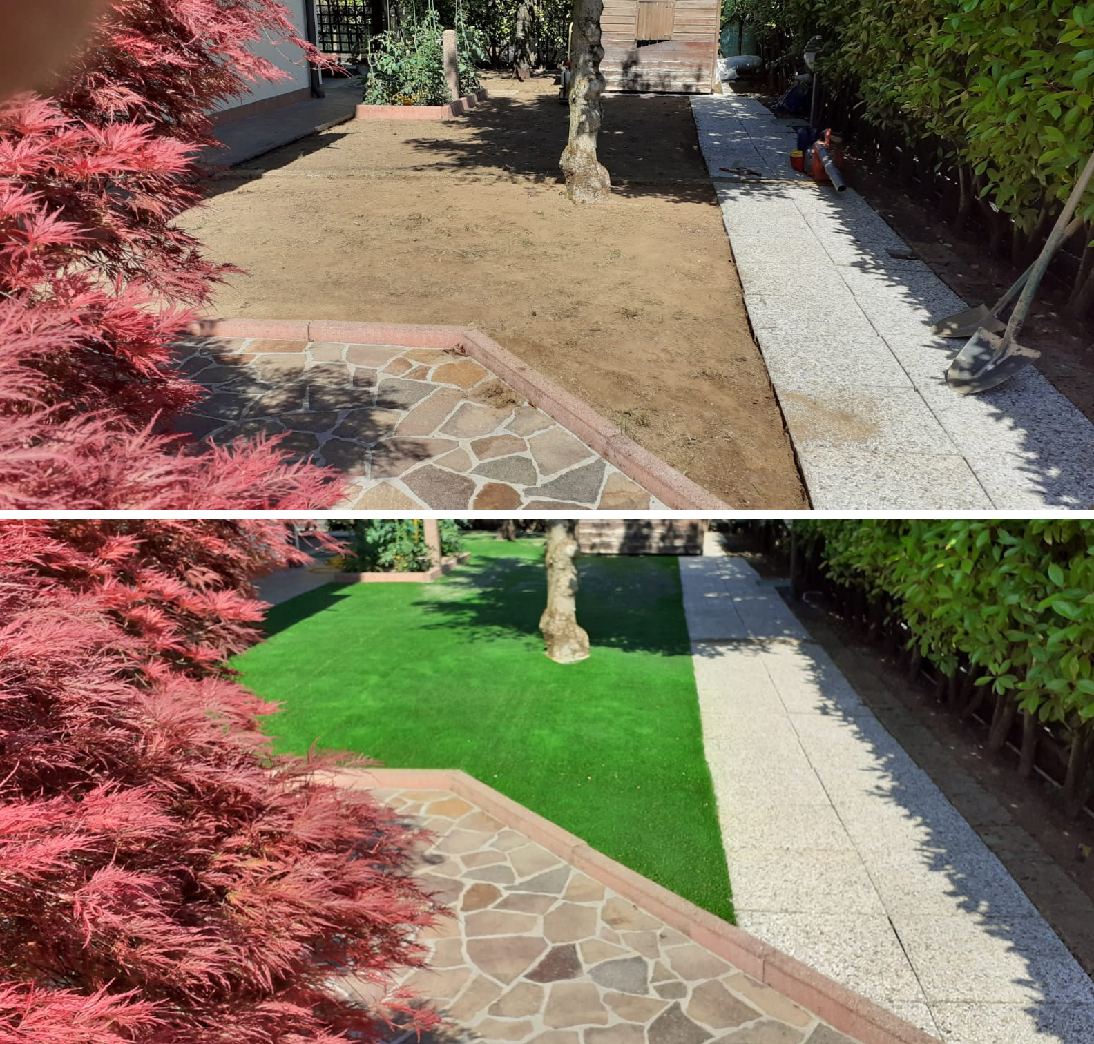 Prato sintetico prima e dopo